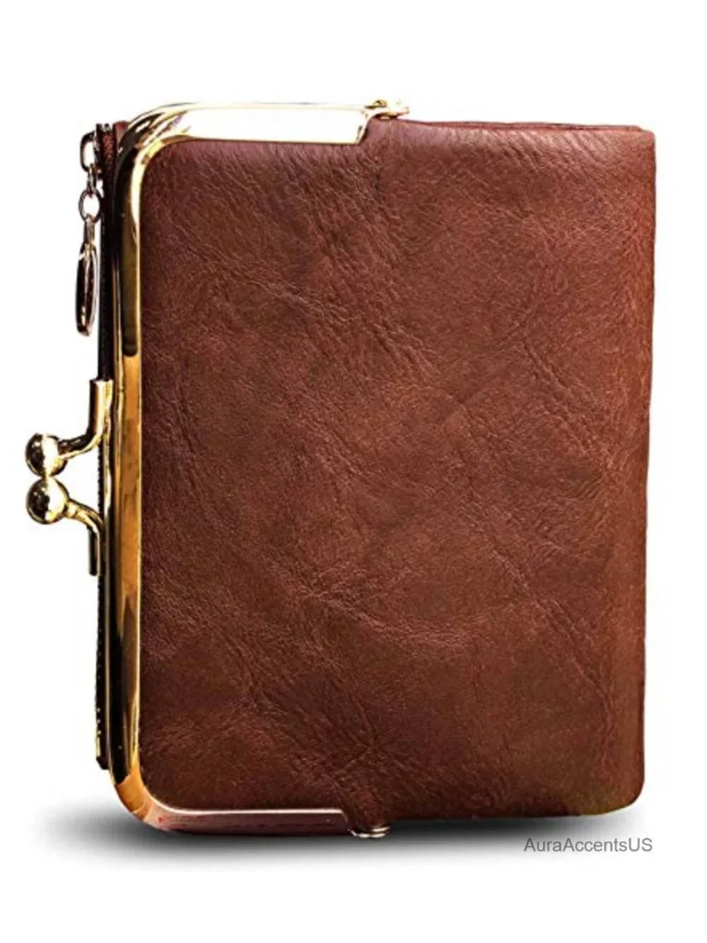 Vintage PU Leather Small Bifold Wallet for Women with Zipper & Kiss Lock